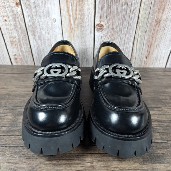 Gucci Jeanne GG Logo Chain Slip On Leather Lug Loafer Women's Sz 8 EU38 Black - Picture 2 of 13